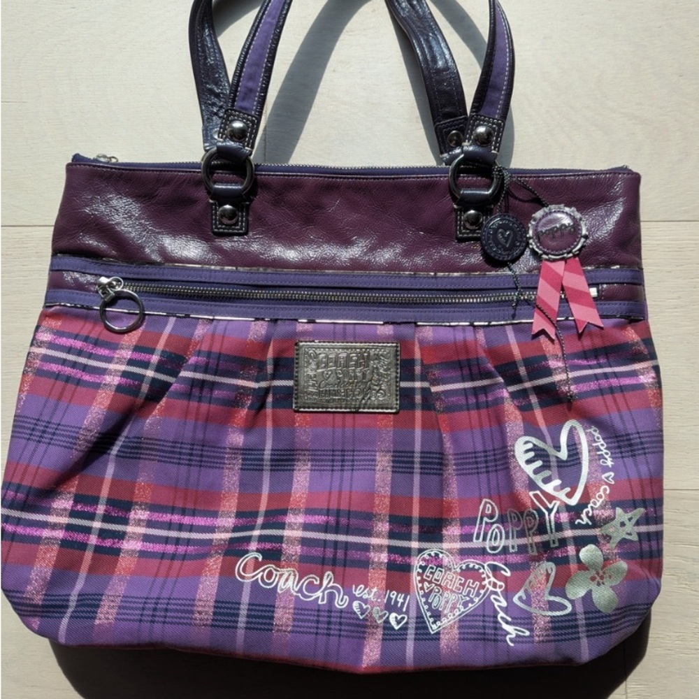Coach Purple Plaid Poppy Tote Bag